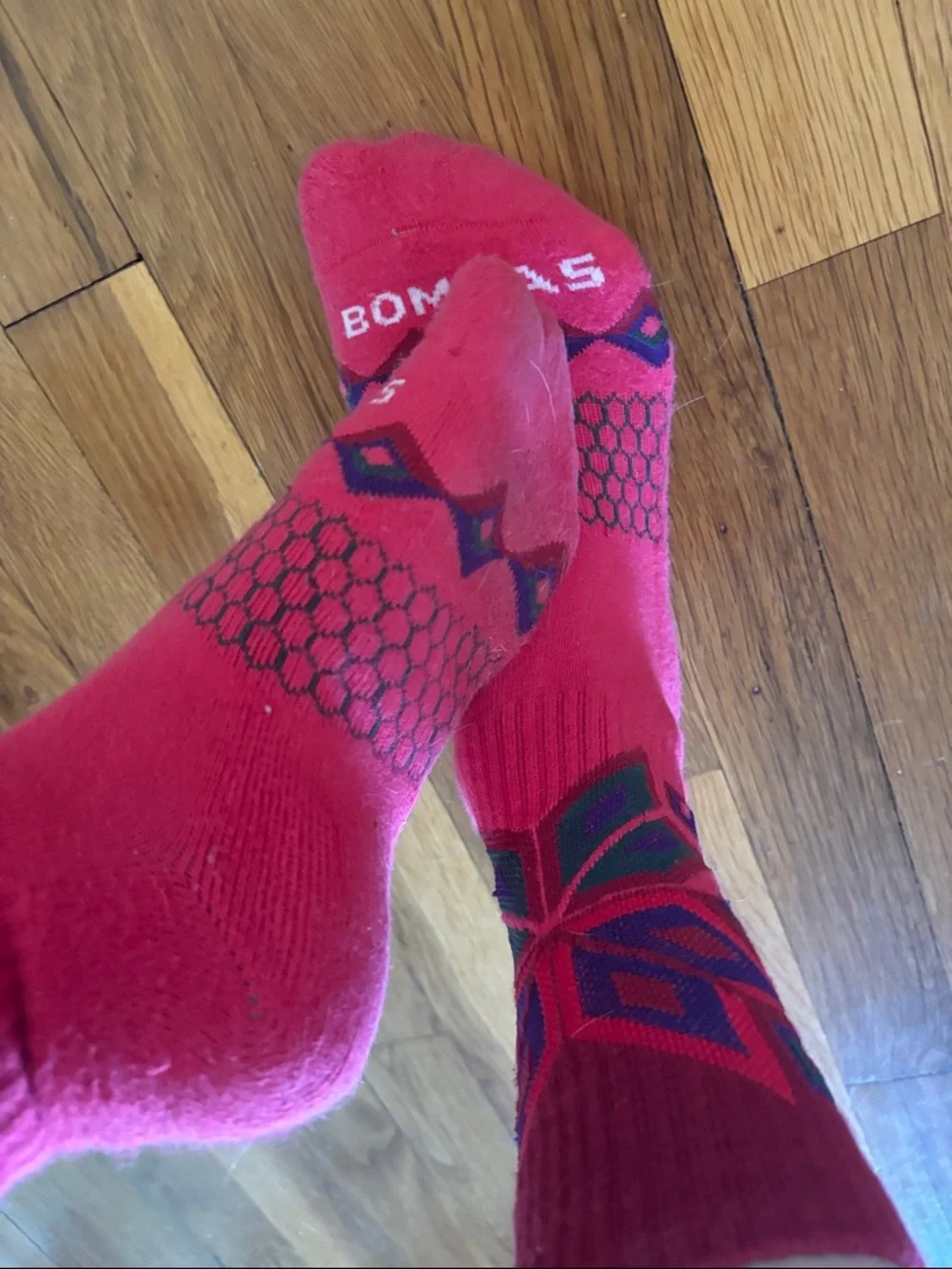 Bombas Red Athletic Cushioned Ankle Socks with Pattern